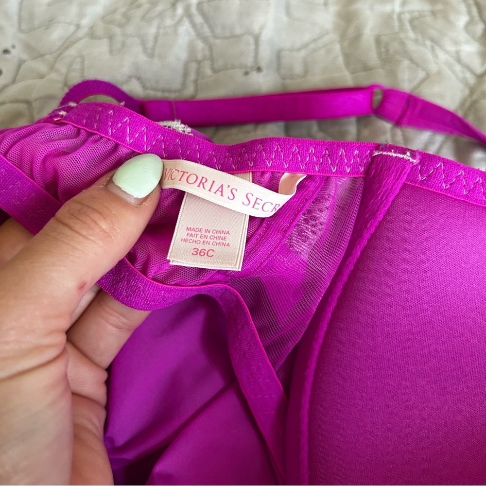 🩷VICTORIA SECRET MAGENTA PINK CHEMISE LINGERIE BRA BABYDOLL LACE TRIM SIZE 36C - Picture 6 of 8